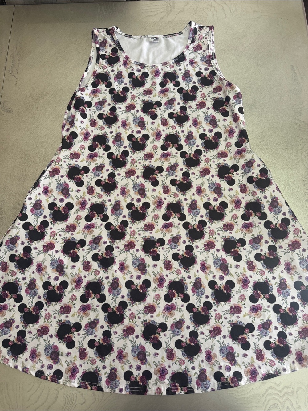 Sleeveless Floral Mickey Mouse-Print Midi Dress in White and Black